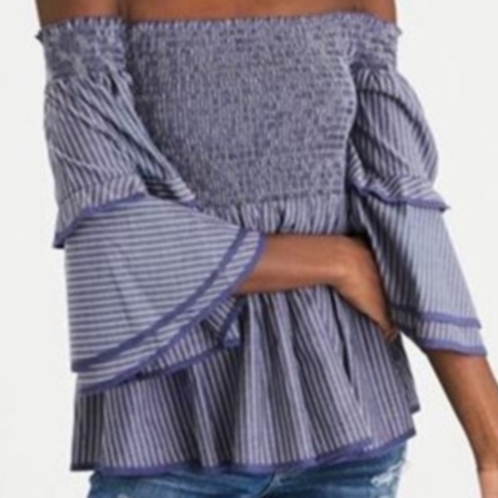 AEO Off the Shoulder Blue White Smocked Bell Sleeve Boho Babydoll Top